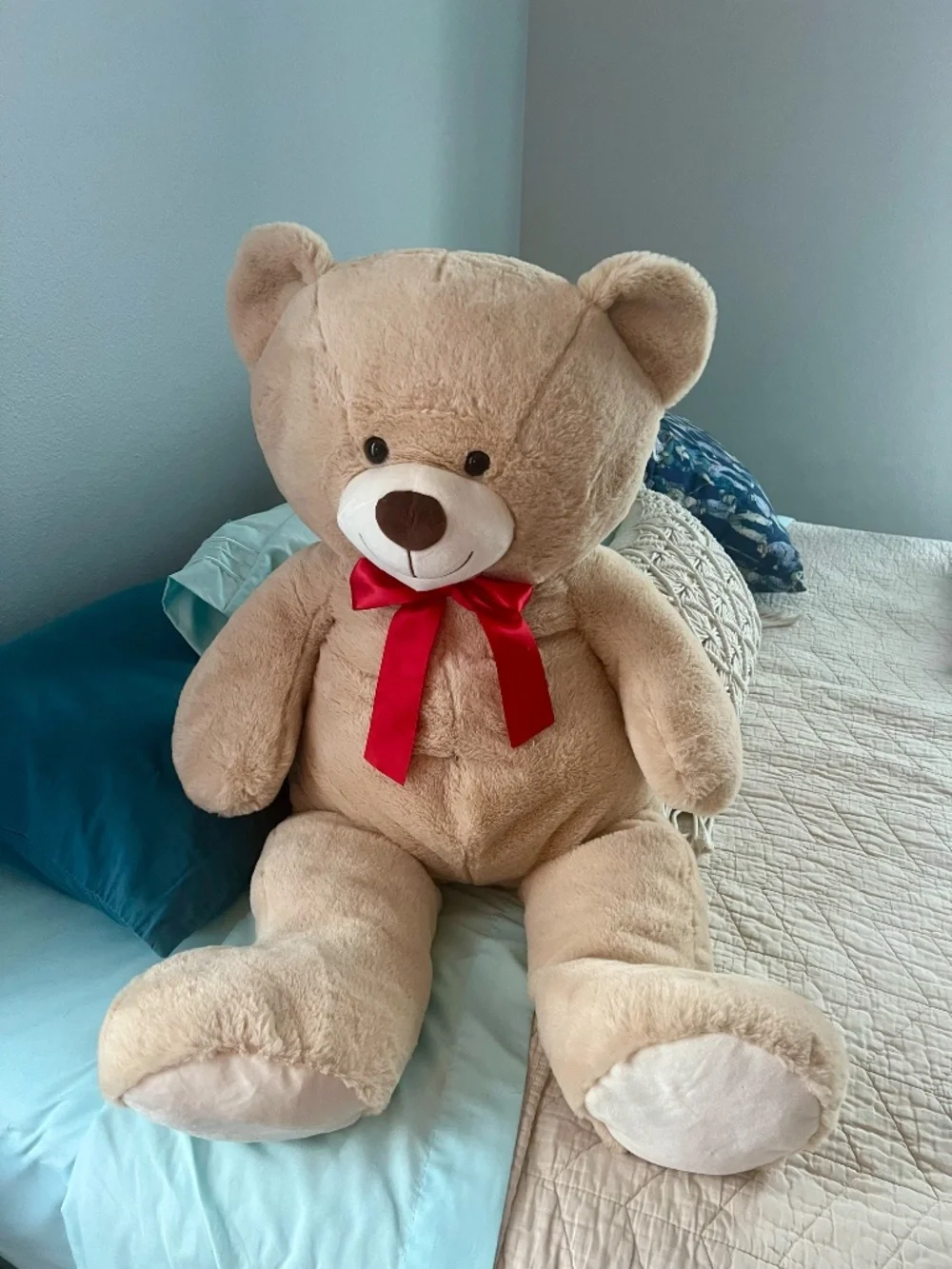 Large Teddy Bear w/ red bow, clean!